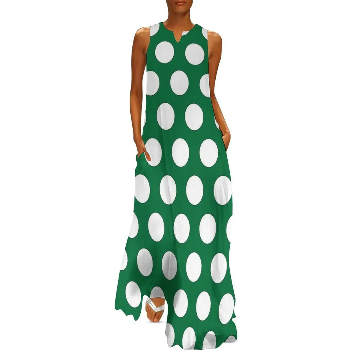 Red And White Polka Dots Print Women Dress  Elegant Maxi Dress V-Neck