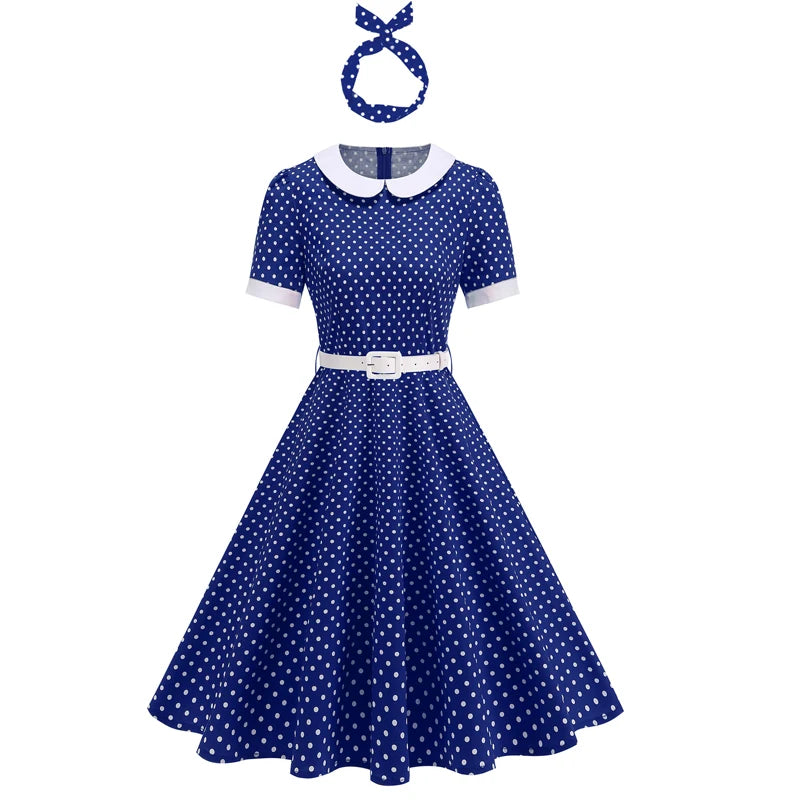 Women Retro Lapel Polka Dot Dress With Belt Rockabilly Evening Party Cocktail