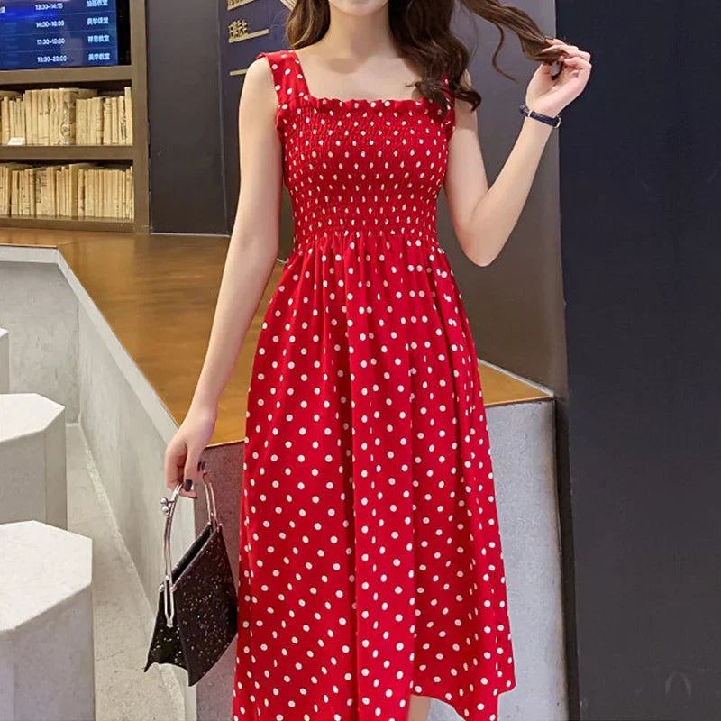Polka Dot Chiffon Square-Neck Maxi Dress