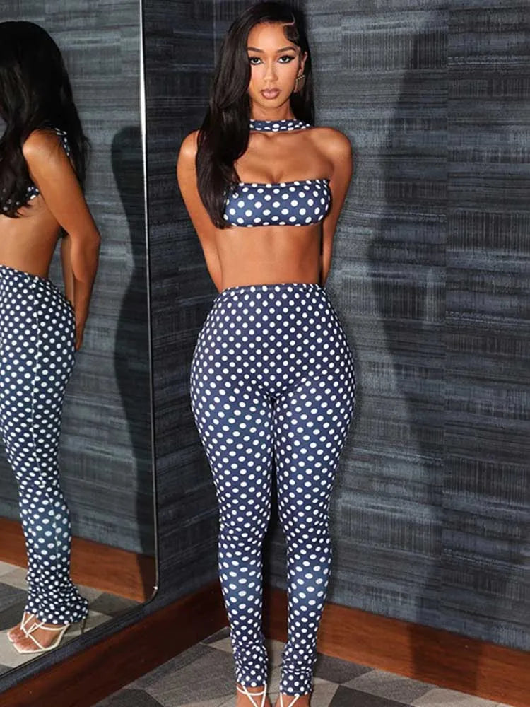 Summer Clothes Woman 2 Piece Sets Sexy Halter Cro Ptop Backless Skinny Pants Suits Set Woman Elegant Wholesale Dropshipping