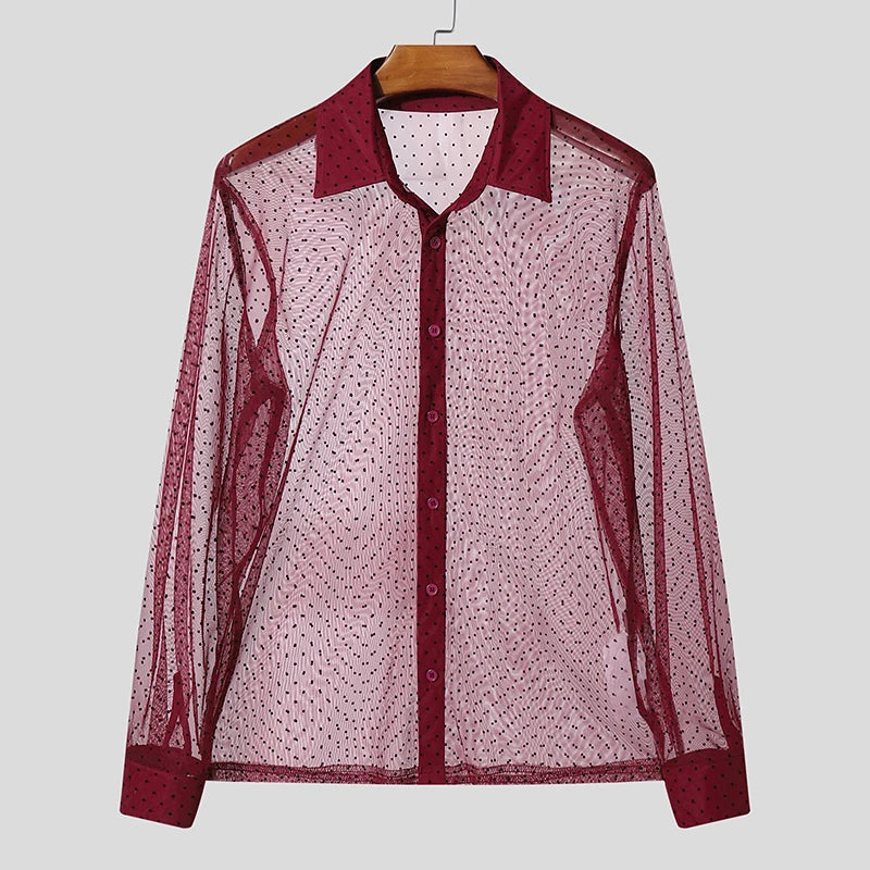 INCERUN Men Shirt Polka Dot Printing Lapel Long Sleeve