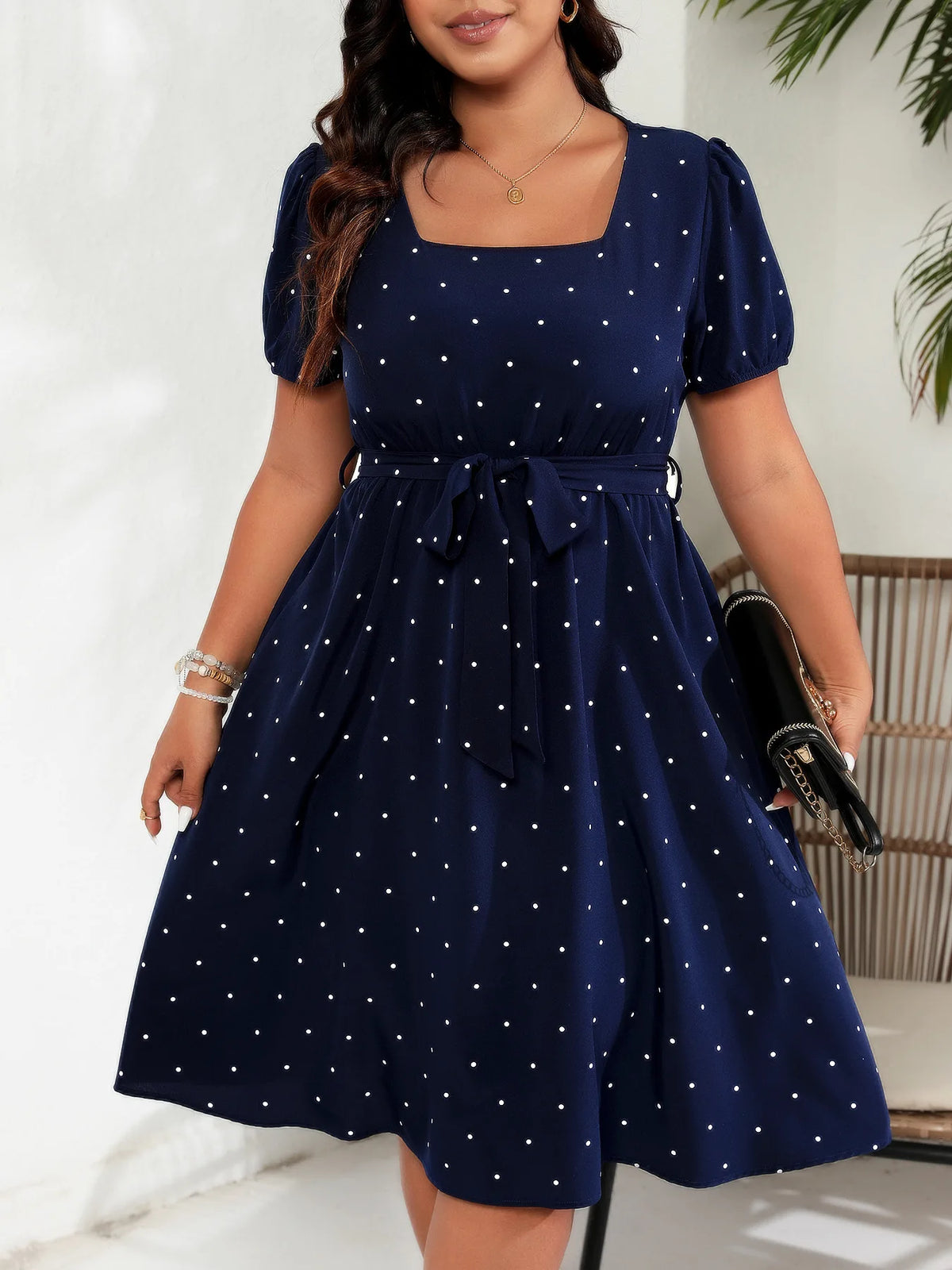Women's Elegant Retro Polka Dot Dress European American Plus Size Waist Cinched Lace Up Square Neck Big Swing Dresses with Belt