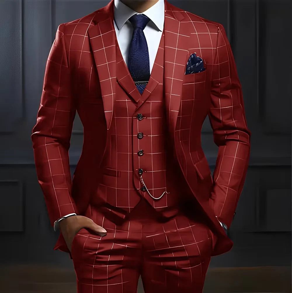 Customized Navy Blue Plaid Men Suits Business Male Blazers Slim Fit Notched Lapel Groom Tuxedos 3 Pcs Sets Handsome Ropa Hombre