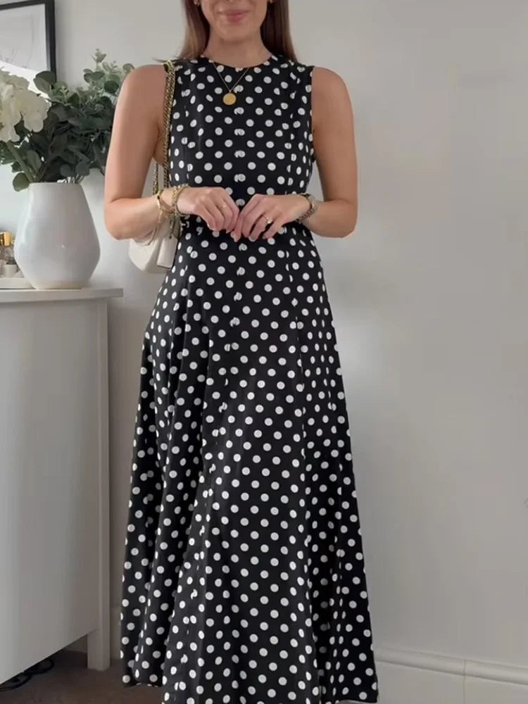 HH Women Polka Dots Print Summer Midi Dress O-Neck Sleeveless Rear Zipper Sexy Dress Female Fashion Slim Beach Party Dress