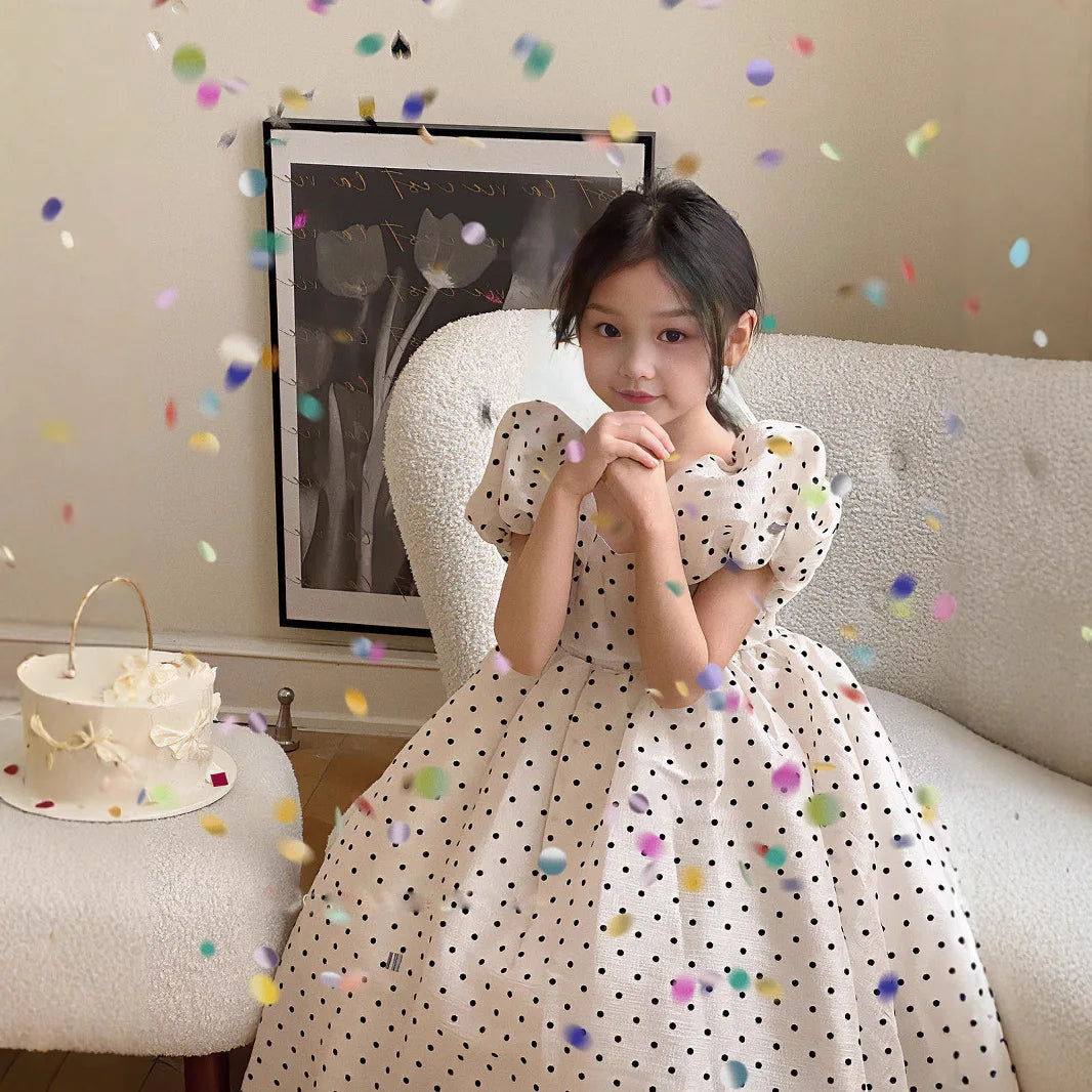 Girls Polka Dot Party Dress Summer Bubble Sleeves Princess