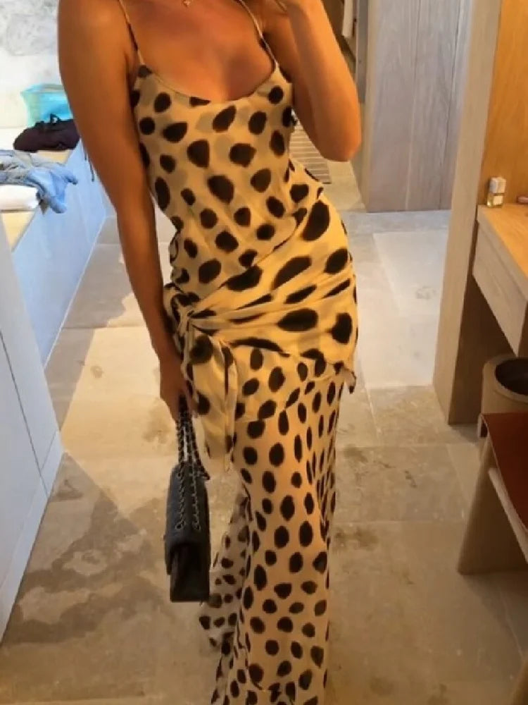 Sexy Polka Dot Print Sling Maxi Dress Women Fashion V-neck Spaghetti Strap