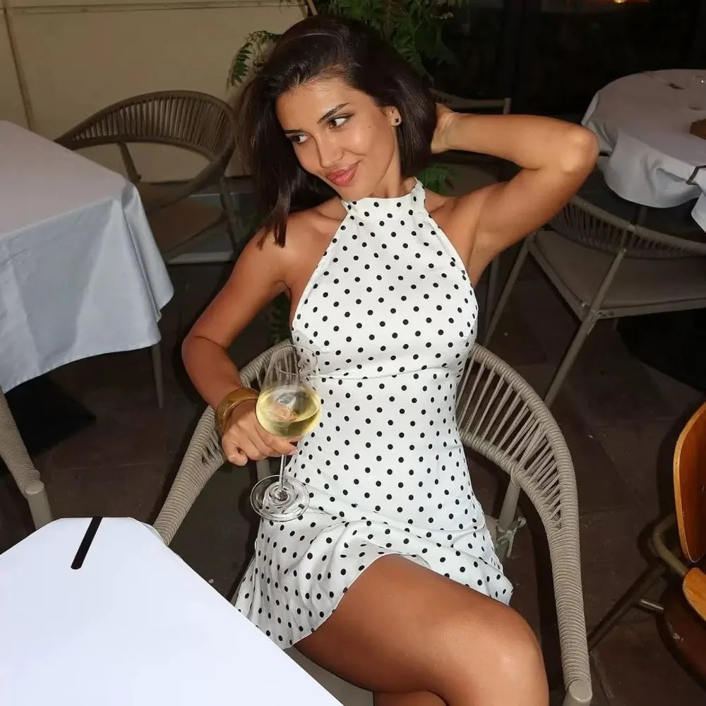 Women Black Polka Dot Halter Neck Mini Dress Sleeveless A-line Backless