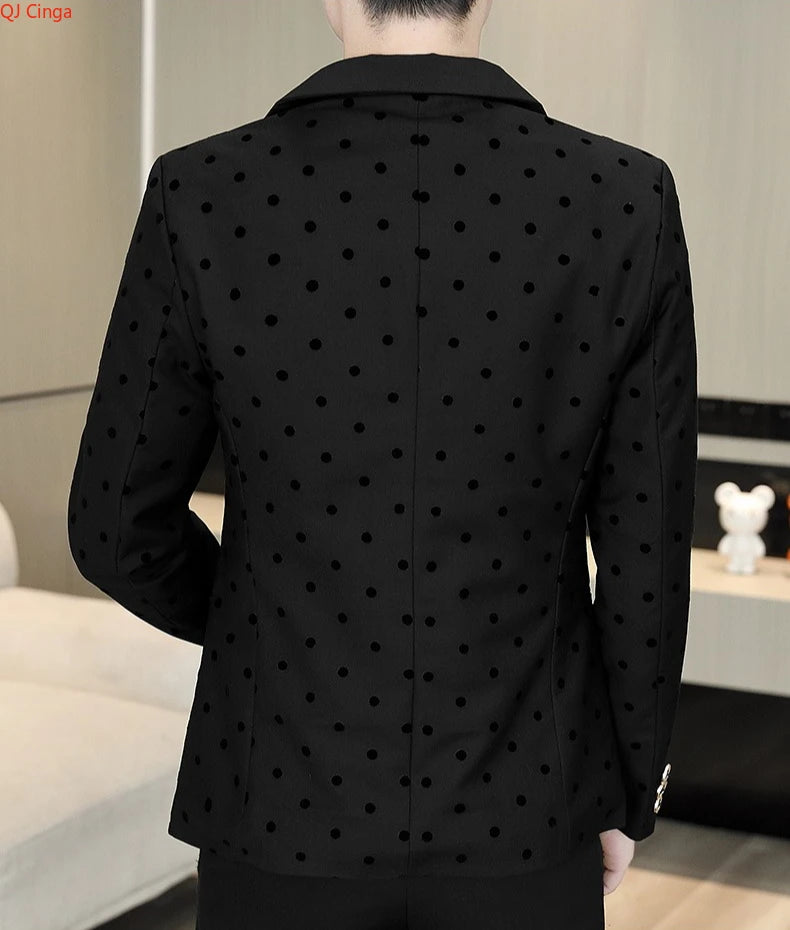 Men's Brown Long-Sleeve Suit Jacket Polka Dot Pattern Decorated Outerwear