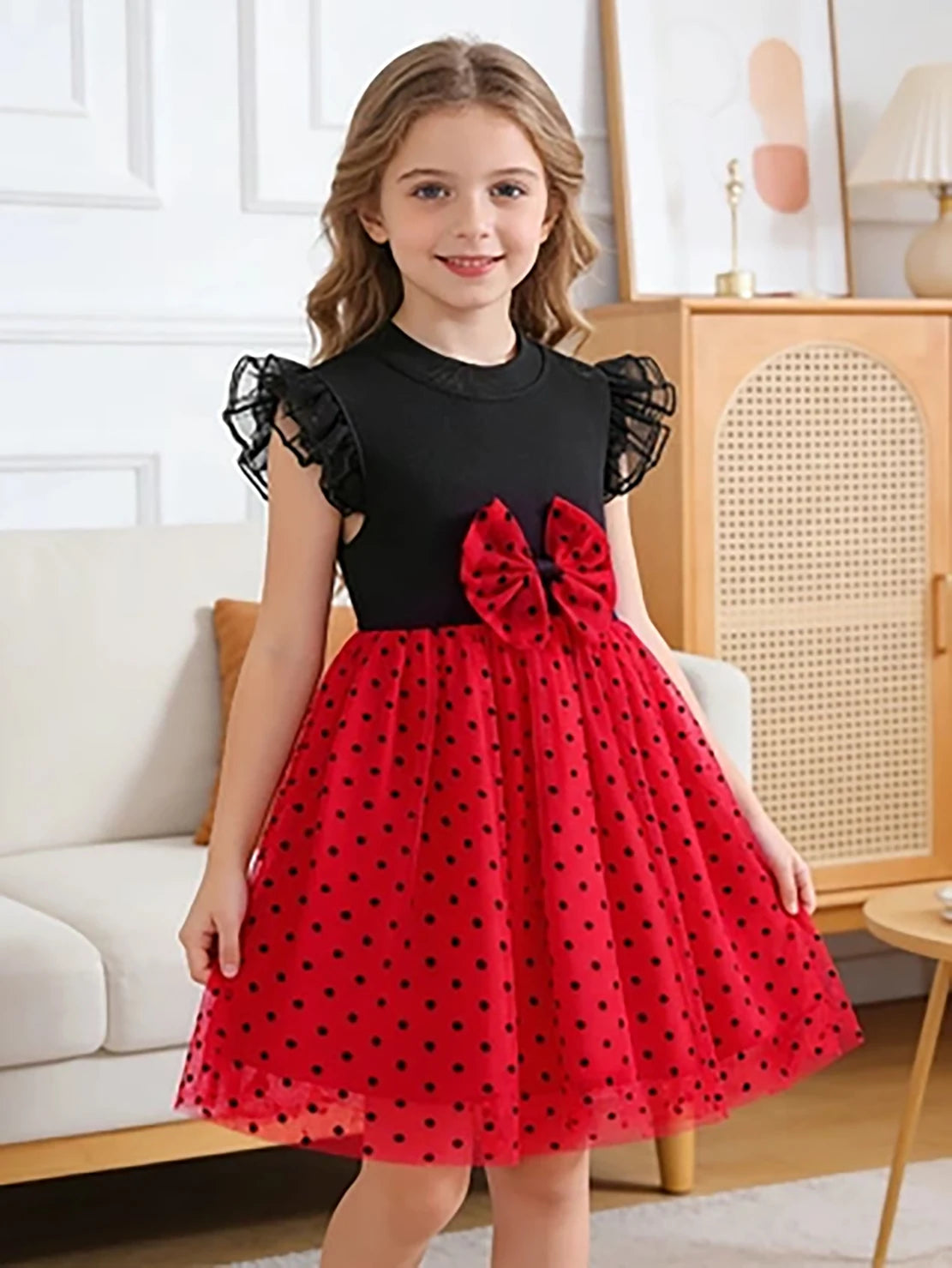 Girls' Black and Red Polka Dot Princess Dress, Summer Flutter Sleeve Bow Tulle Skirt