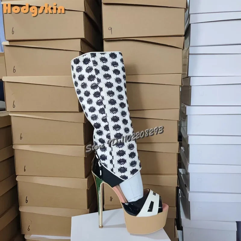 Sexy Polka Dots Knee-high Sandals Patchwork Leather Peep Toe Metal Heel