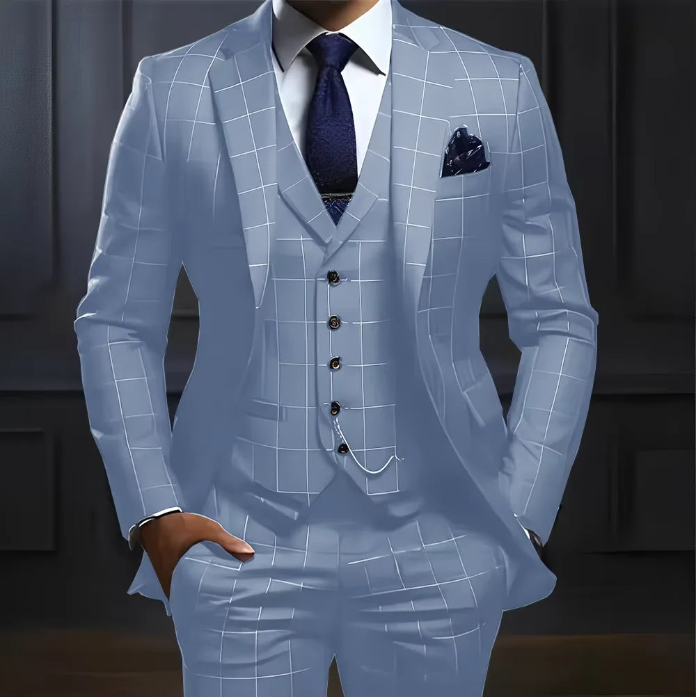 Customized Navy Blue Plaid Men Suits Business Male Blazers Slim Fit Notched Lapel Groom Tuxedos 3 Pcs Sets Handsome Ropa Hombre