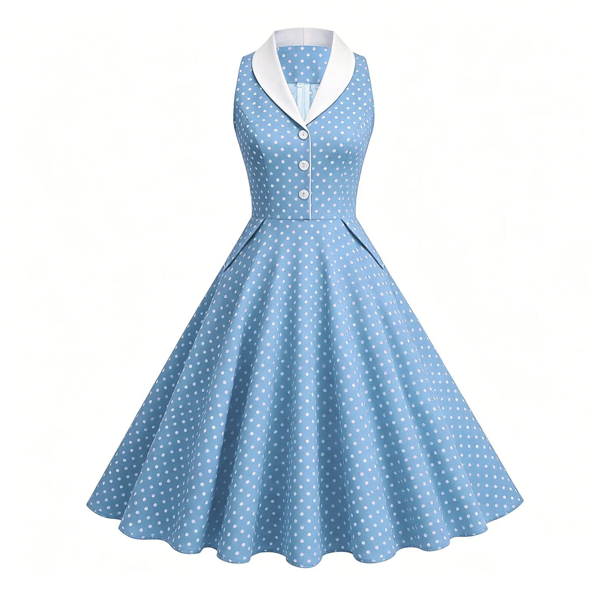 Women 1950s Vintage Polka Dot Swing Dress Contrast White Lapel Sleeveless