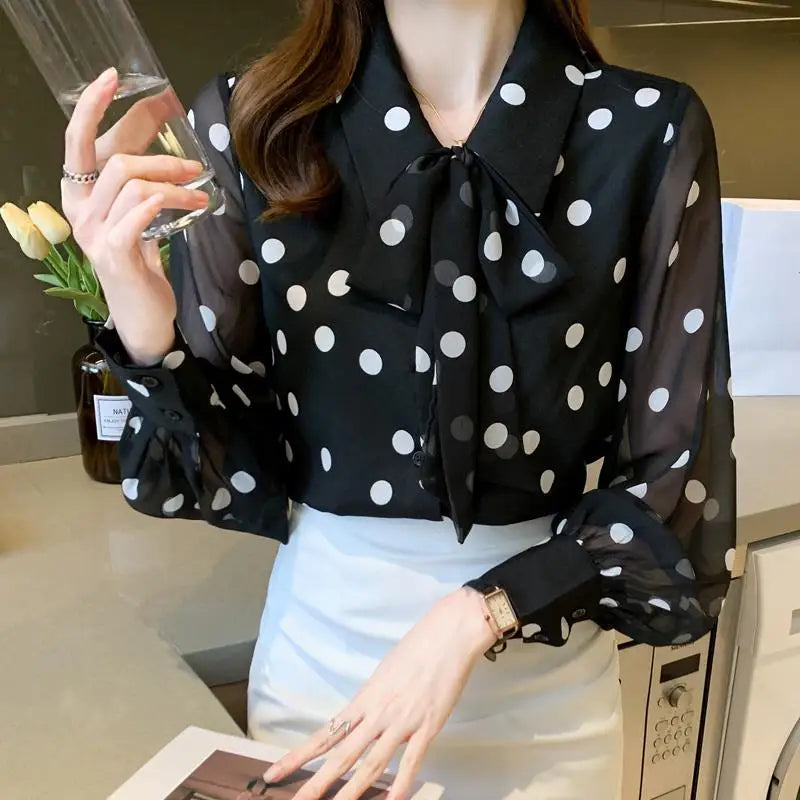 Spring Summer Polka Dot Printing Chiffon Shirt Women Fashion Tops