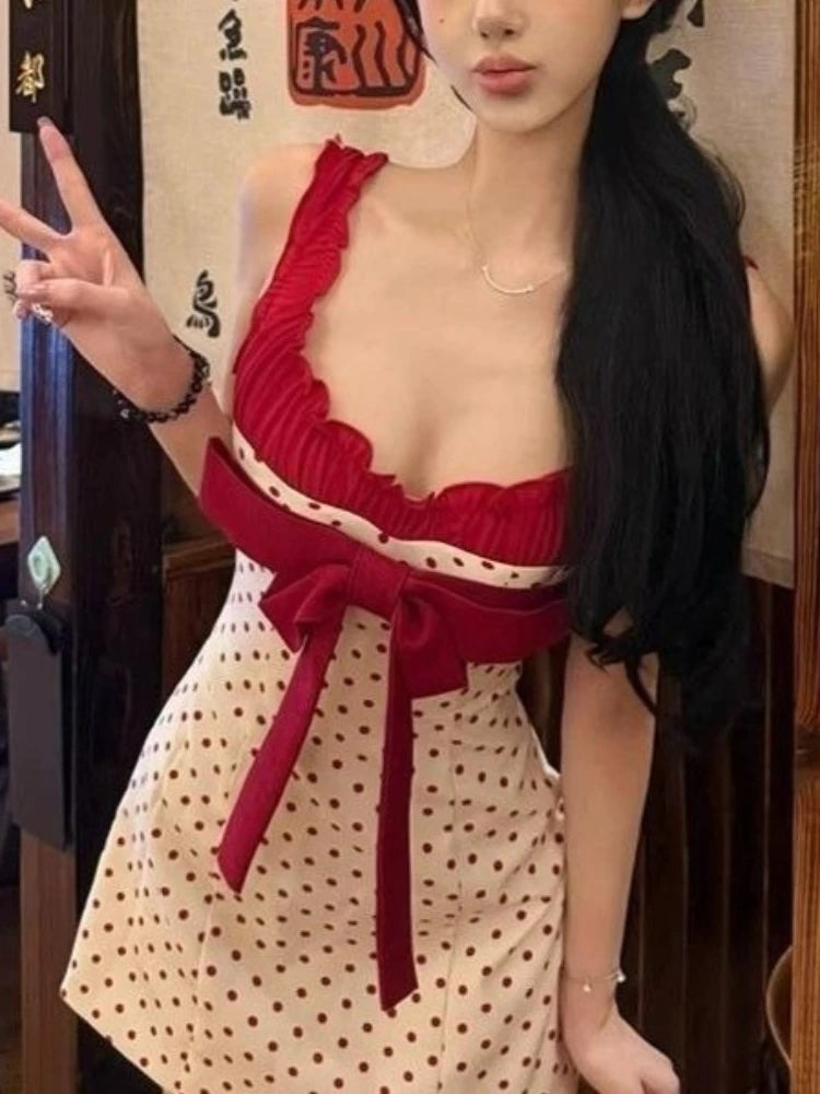 Sweet Spicy Girl Color Block Bow Strap Dress Women Elegant