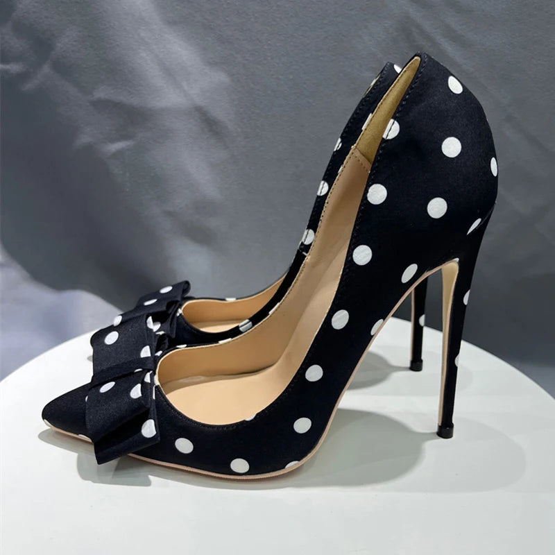 Tikicup Polka Dot Women Black Satin Stiletto High Heels with Bowknot Chic
