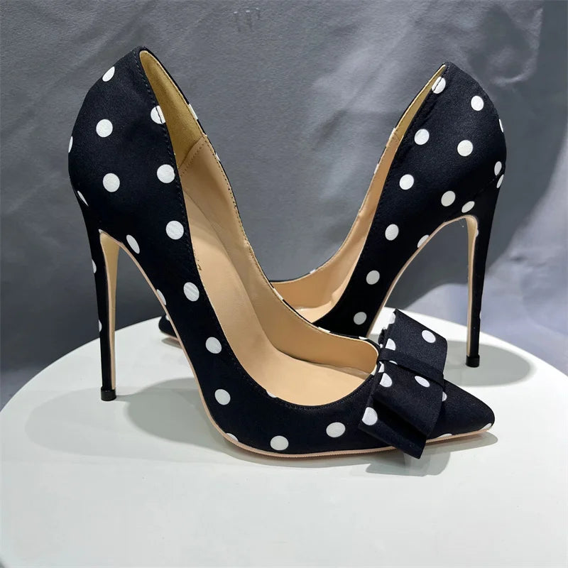 Tikicup Polka Dot Women Black Satin Stiletto High Heels with Bowknot Chic