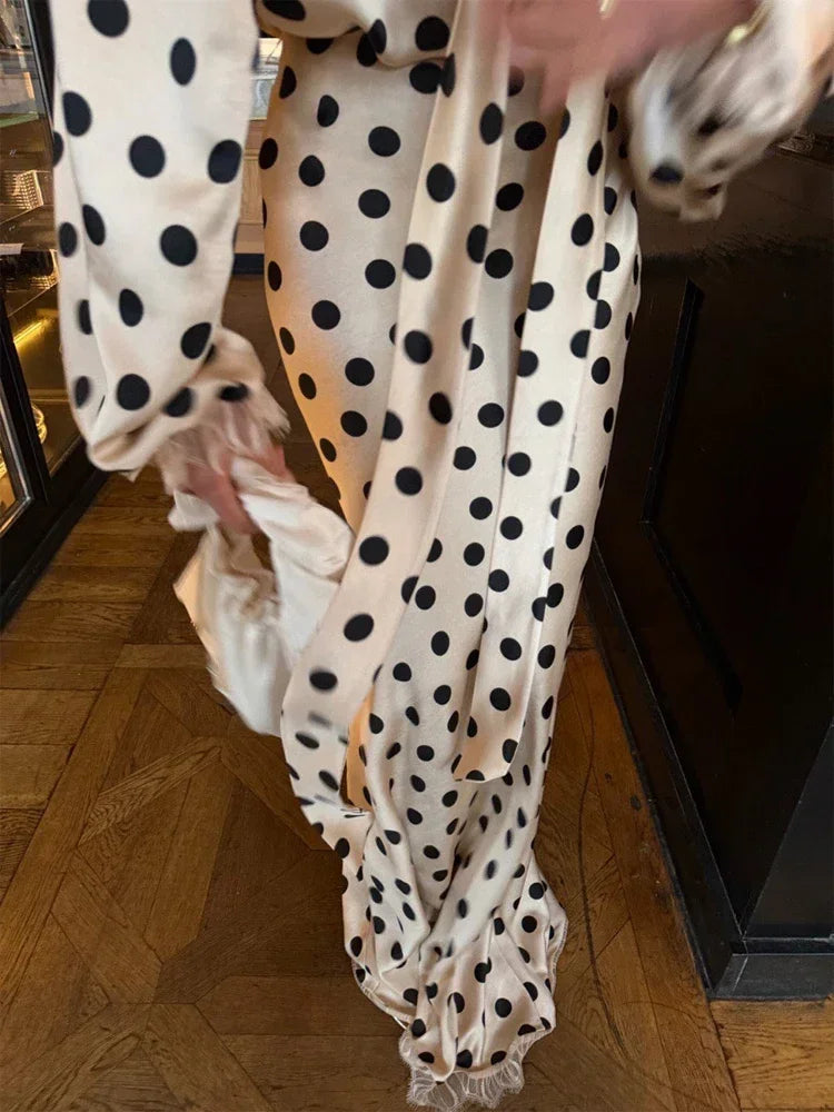 Polka Dot Skirt 2 Piece Set Women Elegant Scarf Long Sleeve