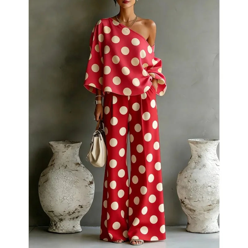 Women's Polka Dot 2 Piece Outfit One Shoulder Blouse And Wide Leg Pants Set Casual Loose Summer Party Tracksuit Elegant New 2026