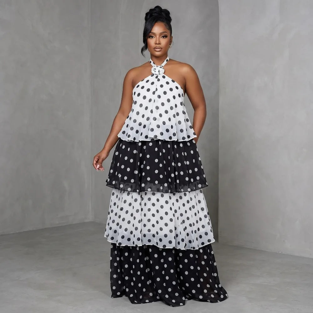 Polka Dot Tiered Maxi Dress Halter Neck 3D Flower Chiffon Ruffle Layered