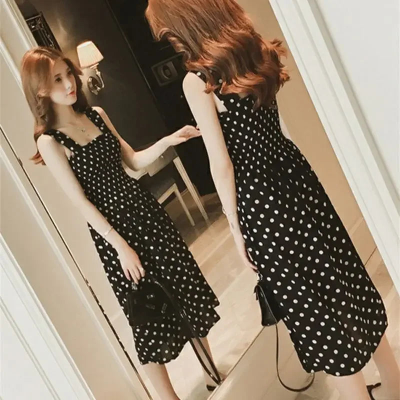 Polka Dot Chiffon Square-Neck Maxi Dress