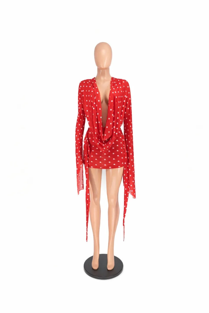 Polka Dots Print Vacation Beach Mini Dress Women Fashion Swinging Collar