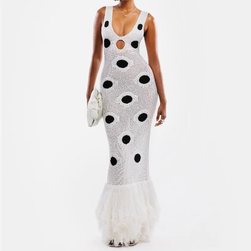 Black Polka Dot Knitted Dress V Neck Hollow Out Fringe Hem Long Maxi Dress