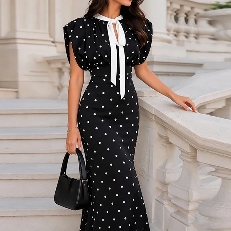 Fashion Polka Dot Wrap Hip Dress Elegant O-Neck Sleeveless Tie Up Office