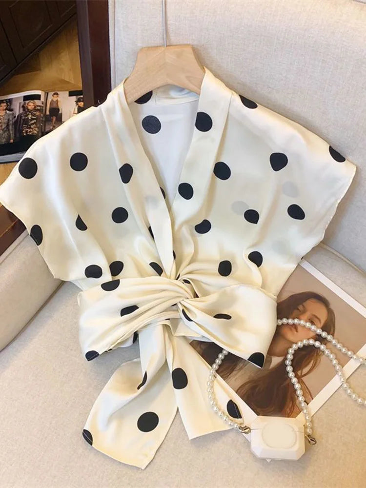 Sexy Cropped Dot Shirt Women Vintage Slim V Neck Tops