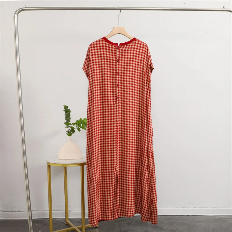 Fashion Plaid And Dot Night Dress Women Loose Cotton Short Sleeve Sleepwear Nightgowns Summer Ladies Nightwear Sleeping Clothes