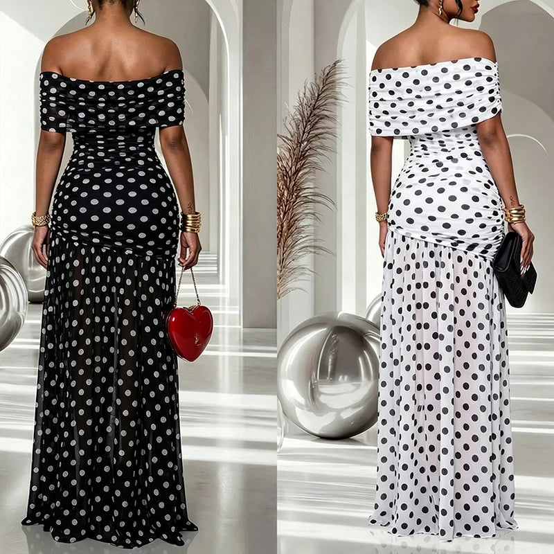 Polka Dot Off-Shoulder Bodycon Party Dress with Side Slit