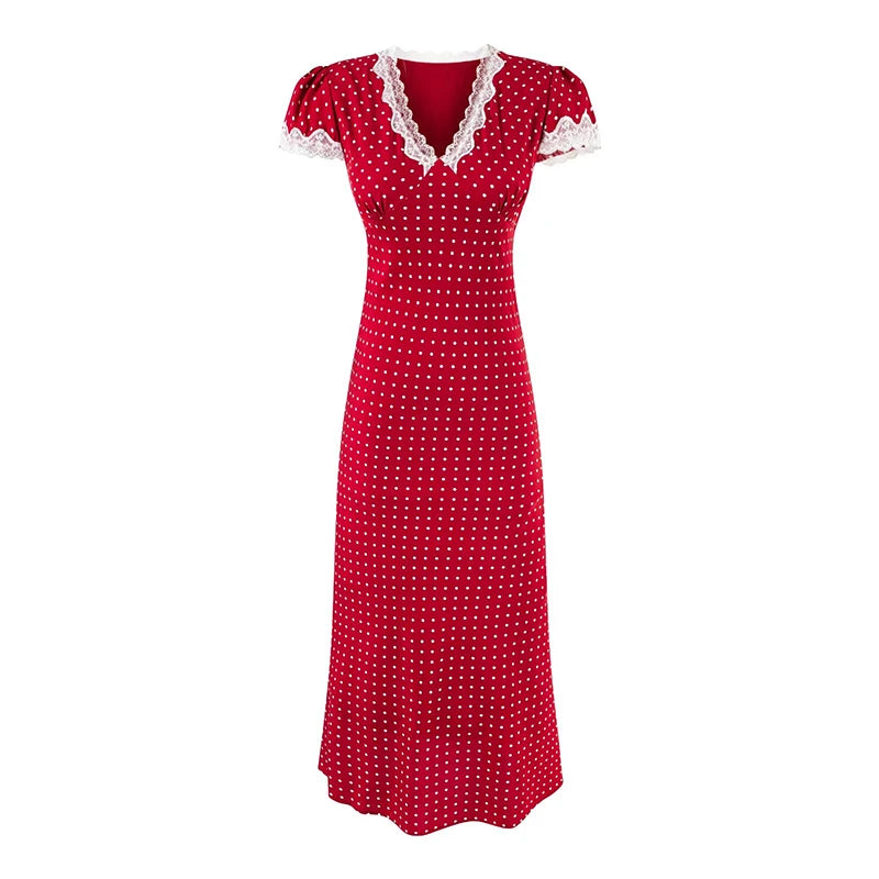 YENKYE 2025 Women French Polka Dot Red Dress Sexy Sweet Lace Trim V Neck Short Sleeve A-line Midi Summer Dresses Holiday Robe