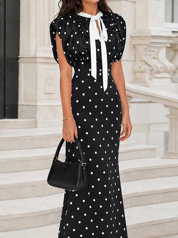 Fashion Polka Dot Wrap Hip Dress Elegant O-Neck Sleeveless Tie Up Office