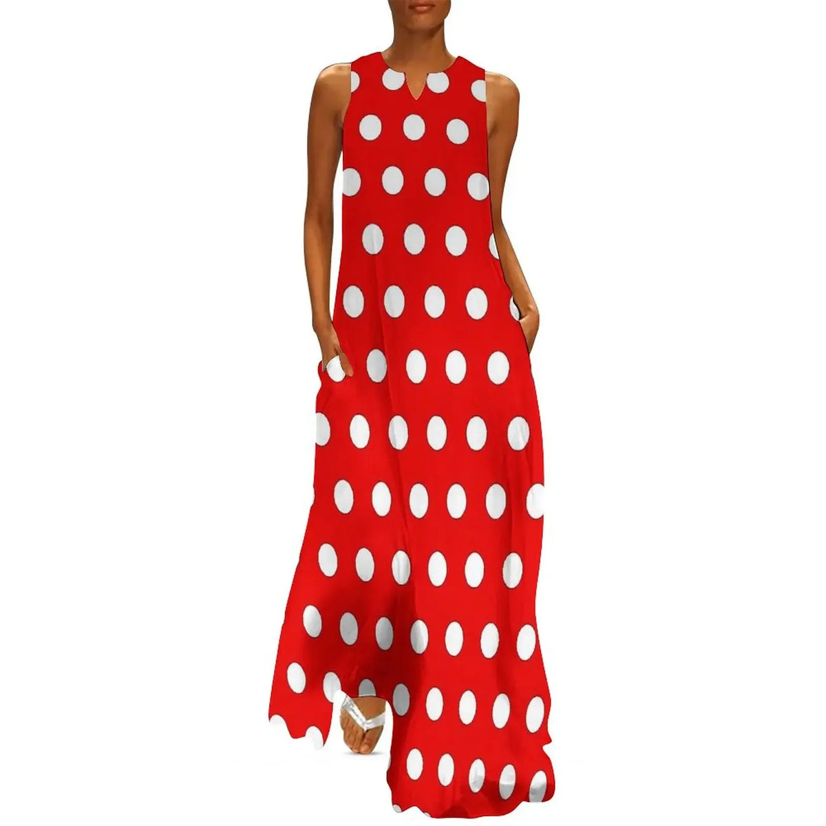 Red And White Polka Dots Print Women Dress  Elegant Maxi Dress V-Neck