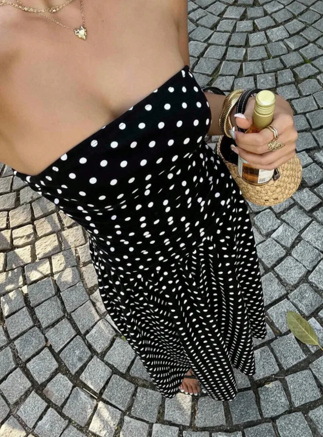 Polka-Dot Tube Top High-Neck Sleeveless Long Dress with Slim Fit