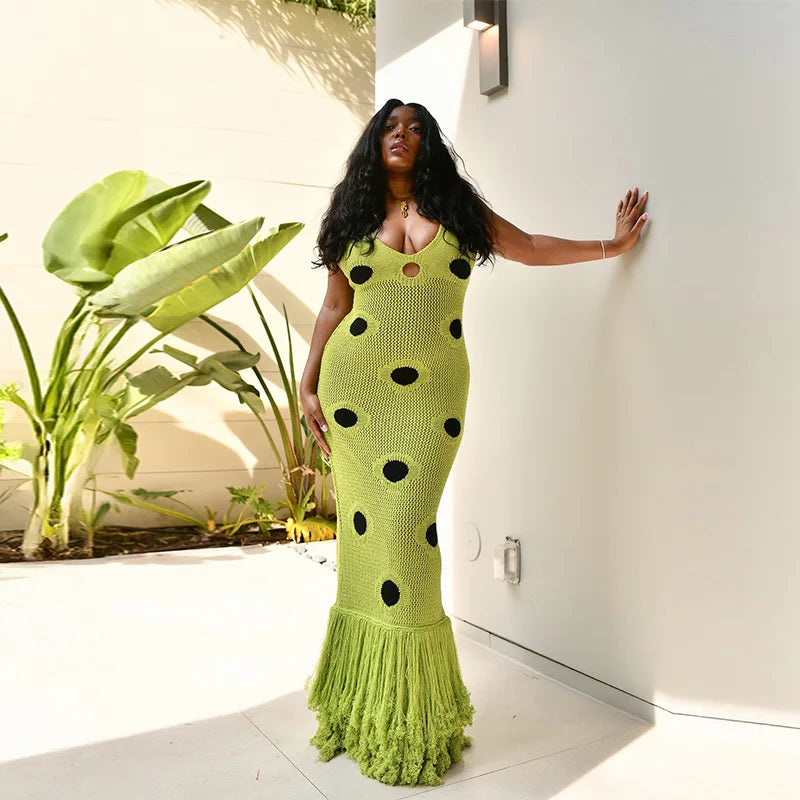 Black Polka Dot Knitted Dress V Neck Hollow Out Fringe Hem Long Maxi Dress