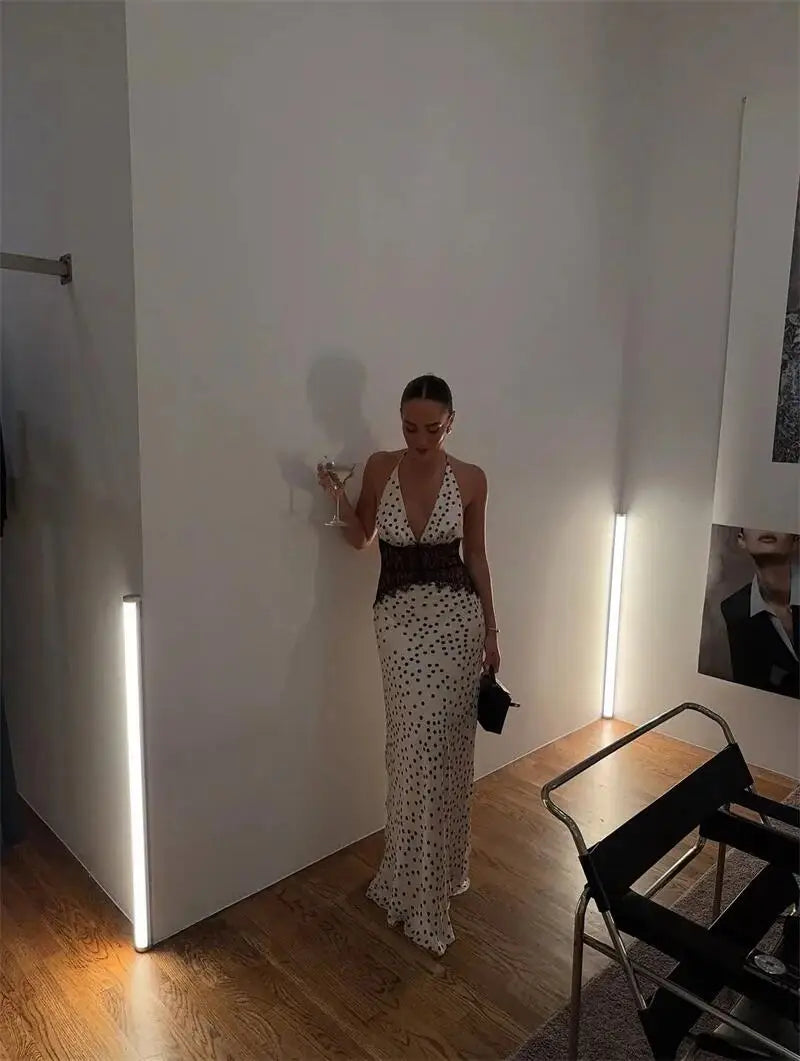 Polka Dot Backless Sexy Maxi Dress Women Gown Patchwork Lace Deep V Neck