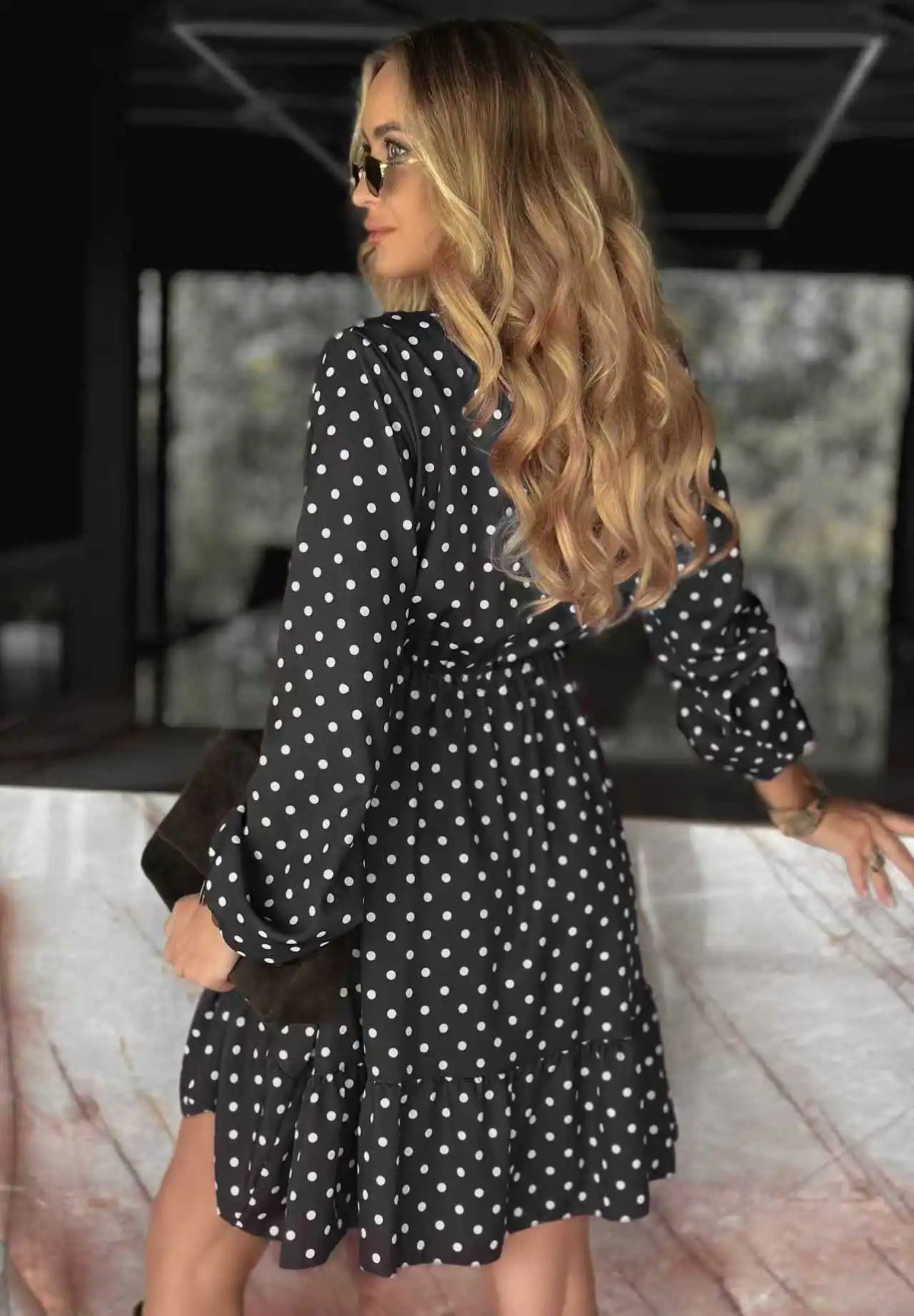 Women's Polka Dot V-Neck Dress - Long Sleeve Elastic Waist Dress, Sweet Fall Winter Party Dress