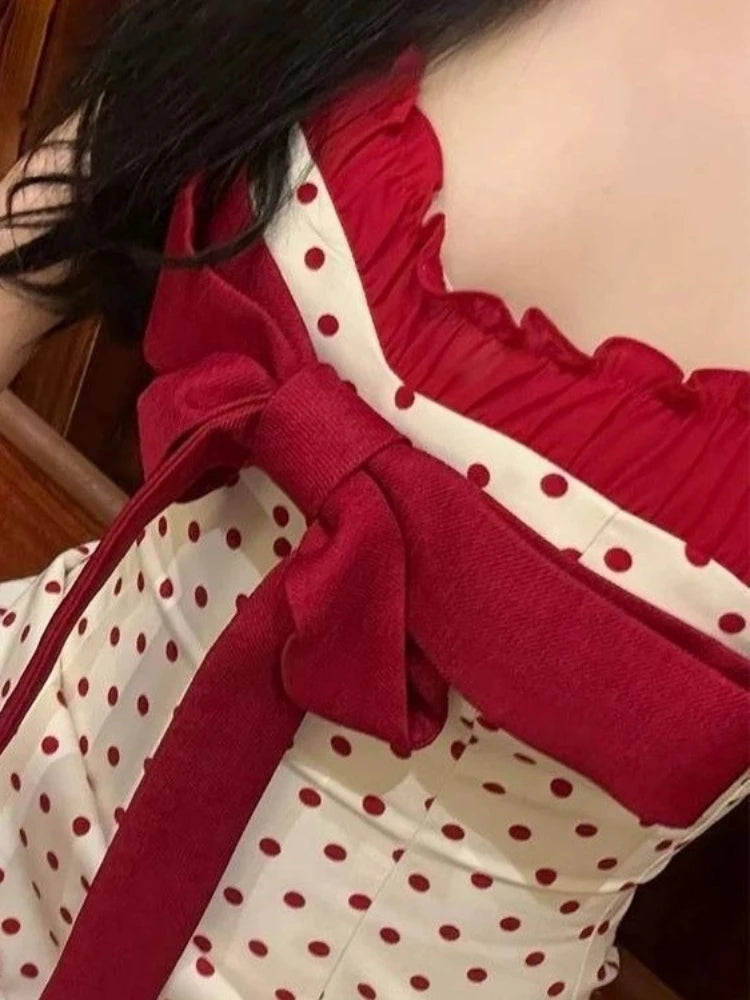 Sweet Spicy Girl Color Block Bow Strap Dress Women Elegant