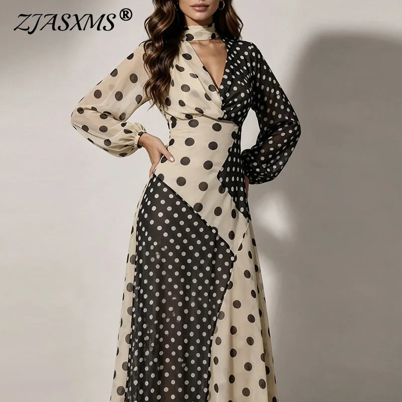 Retro Polka Dot Long-Sleeve V-Neck Maxi Dress