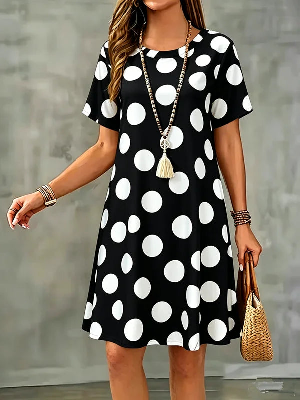 Summer Women Dress Polka Dots Print Short Sleeve O-Neck  A-Line Dress