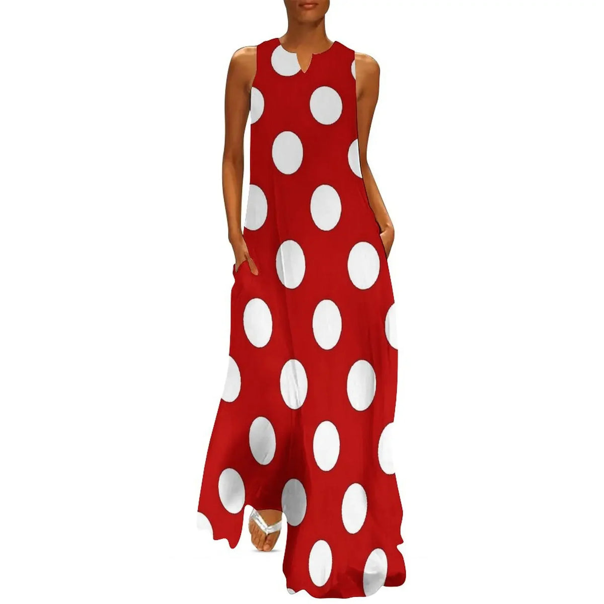 Red And White Polka Dots Print Women Dress  Elegant Maxi Dress V-Neck