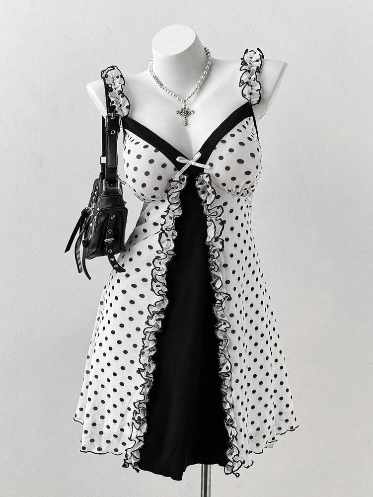 Plus Size Y2K Polka Dot Dress, Ruffle Trim Bow Front Cami Mini Dress