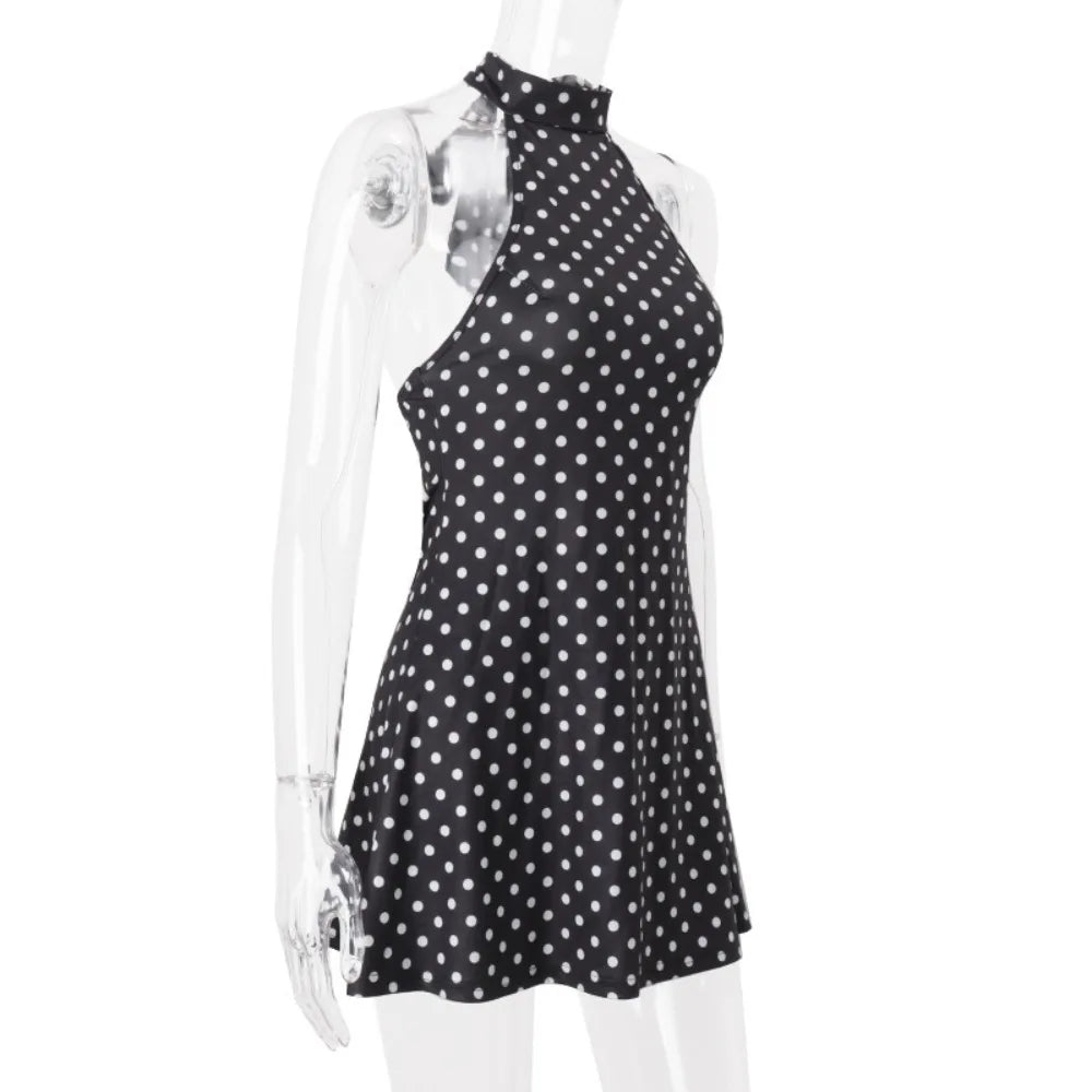 Women Black Polka Dot Halter Neck Mini Dress Sleeveless A-line Backless