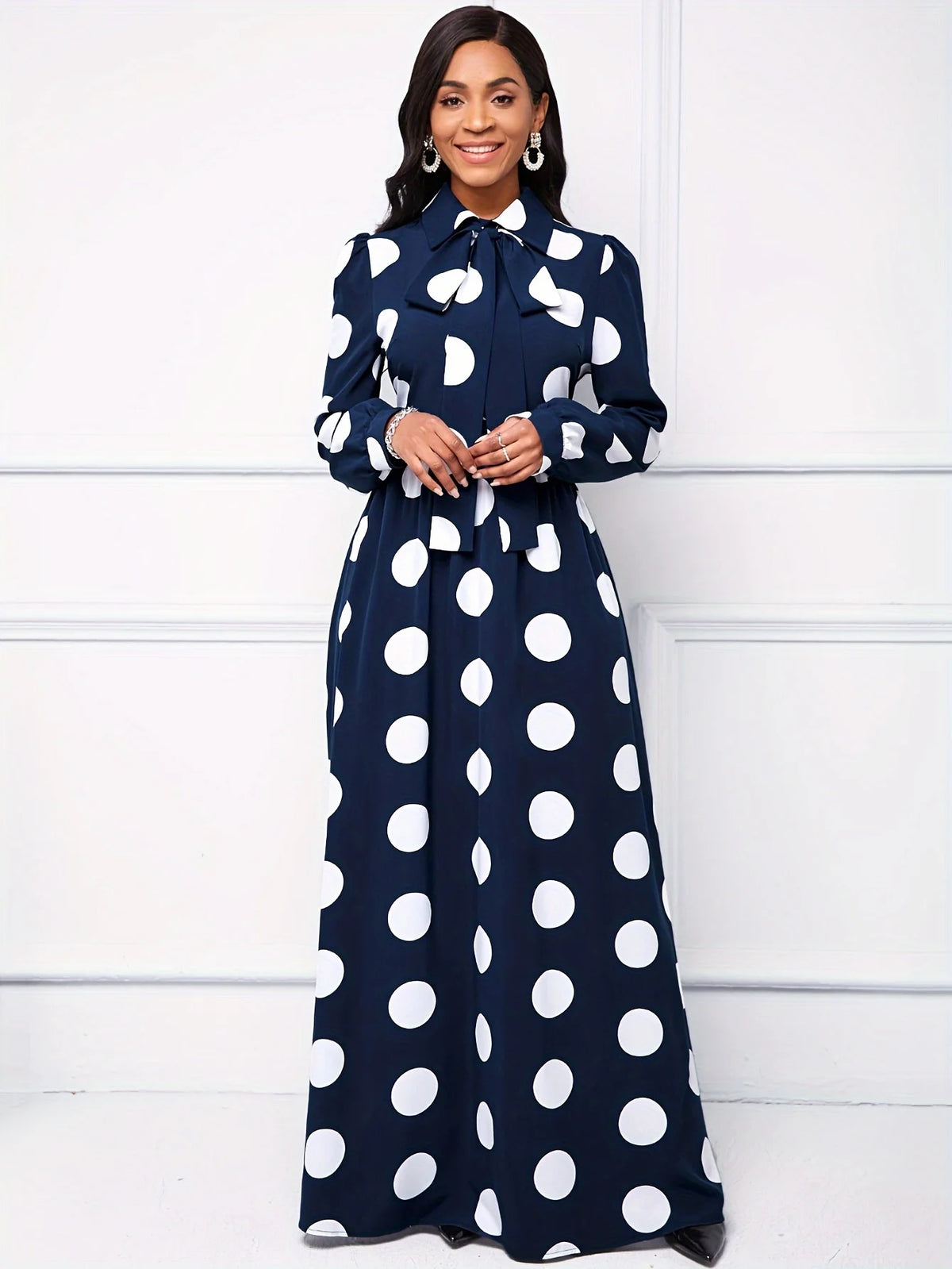 Casual Dresses Elegant Women Long Dress Sleeve Female Robe Bow Knot