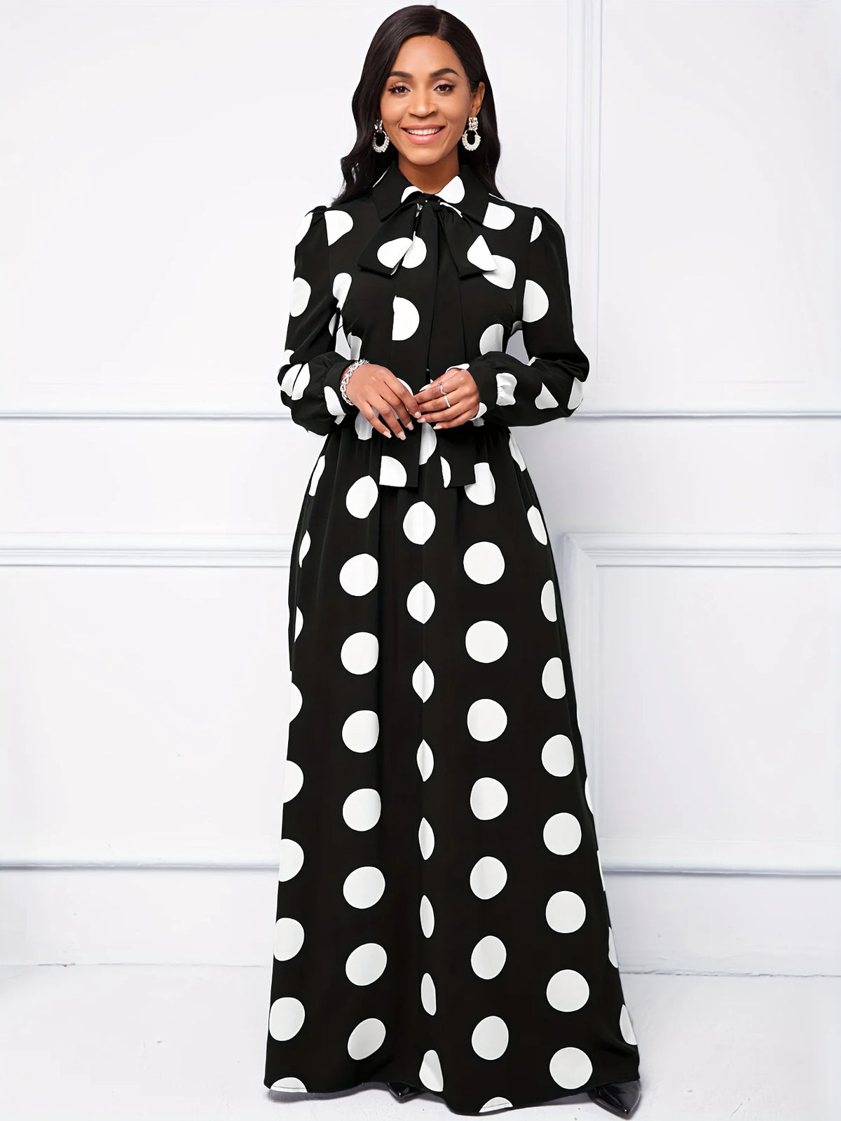 Casual Dresses Elegant Women Long Dress Sleeve Female Robe Bow Knot