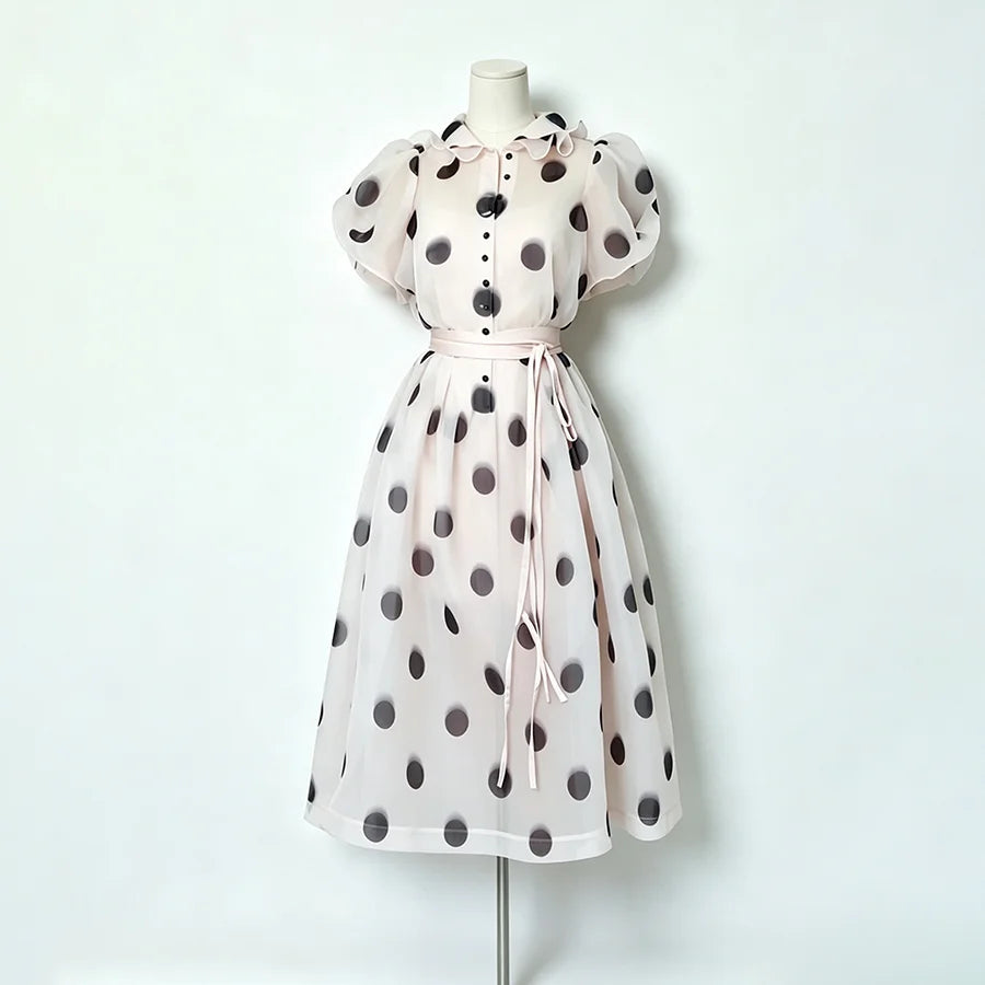 LIMO French Elegant See Through Polka Dot Dress Puff Sleeve Lapel High Waist