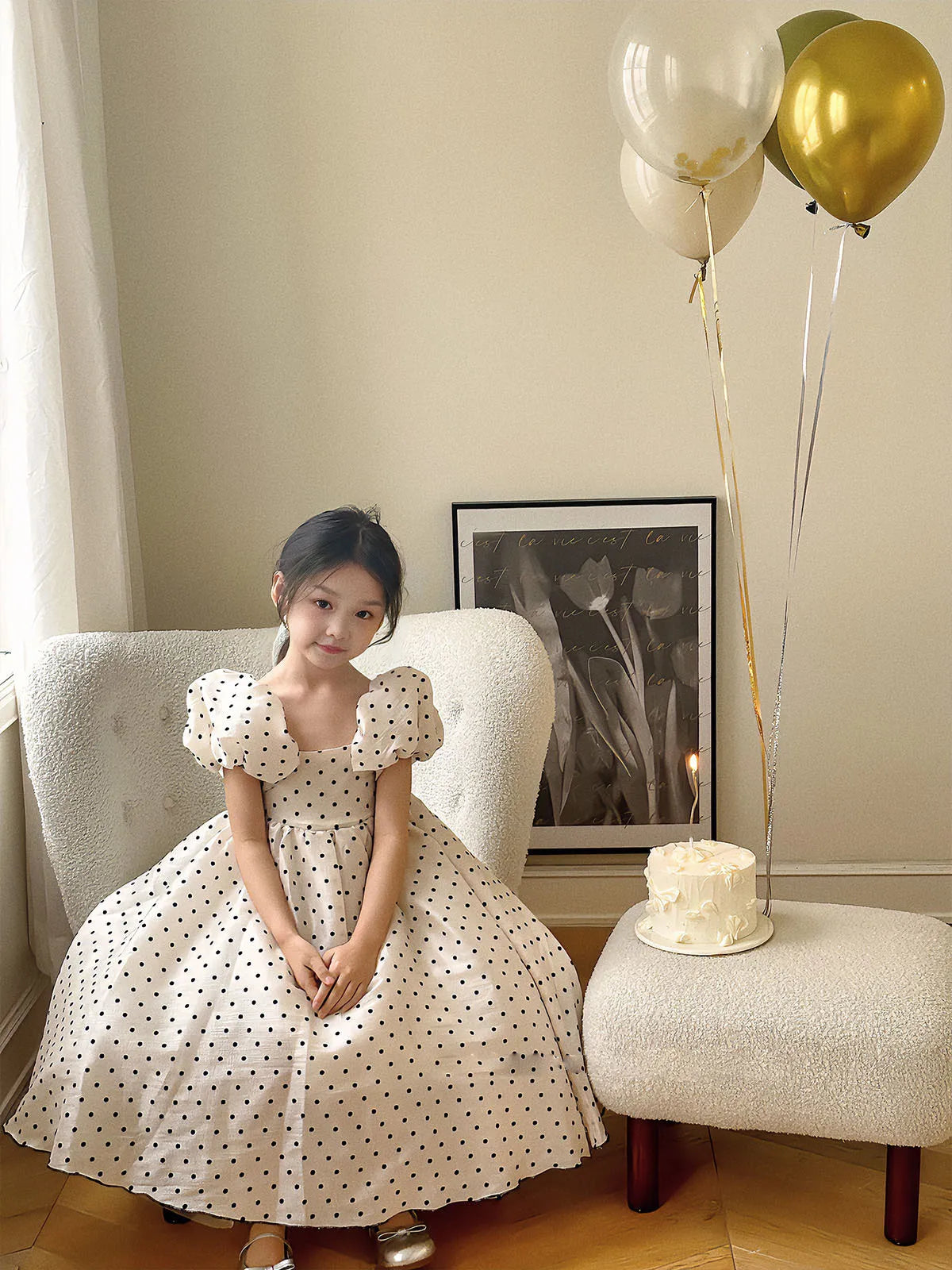 Girls Polka Dot Party Dress Summer Bubble Sleeves Princess