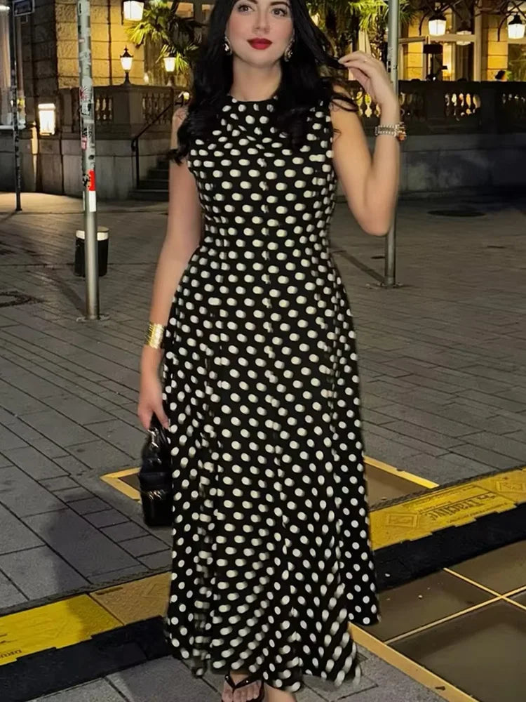 HH Women Polka Dots Print Summer Midi Dress O-Neck Sleeveless Rear Zipper Sexy Dress Female Fashion Slim Beach Party Dress