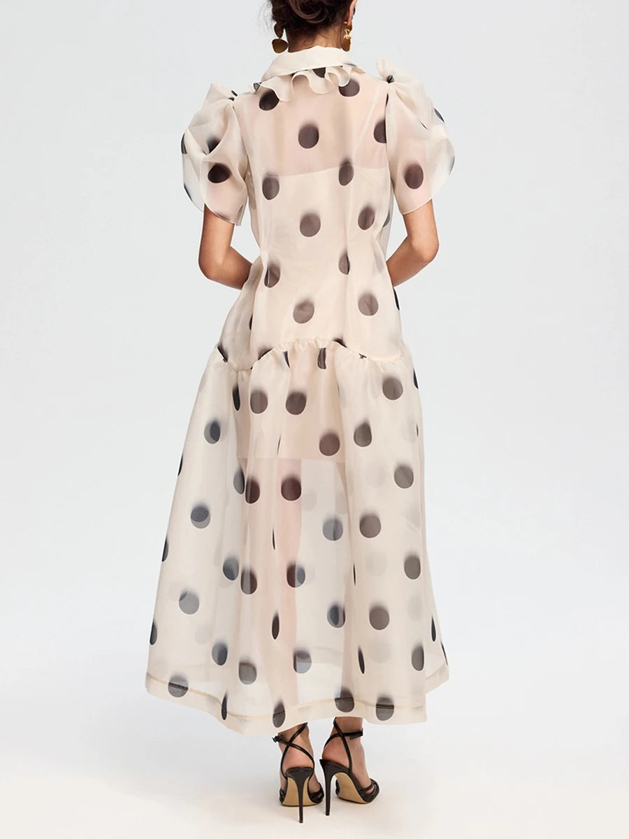 LIMO French Elegant See Through Polka Dot Dress Puff Sleeve Lapel High Waist