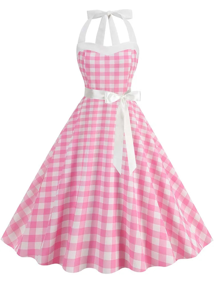 Women Summer Party Dress With Belt Polka Dot Print Halter Hepburn